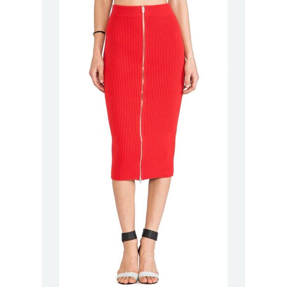 T by Alexander Wang Spring Red Ribbed Knit Zip Midi Pencil Skirt XS Sexy Holiday - Picture 2 of 8
